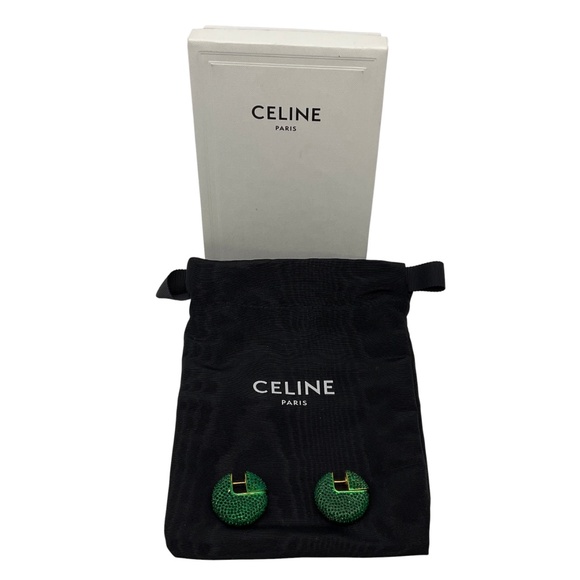 CELINE GREEN CRYSTAL RHINESTONE EMBELLISHED DISC HOOP EARRINGS - Picture 4 of 8